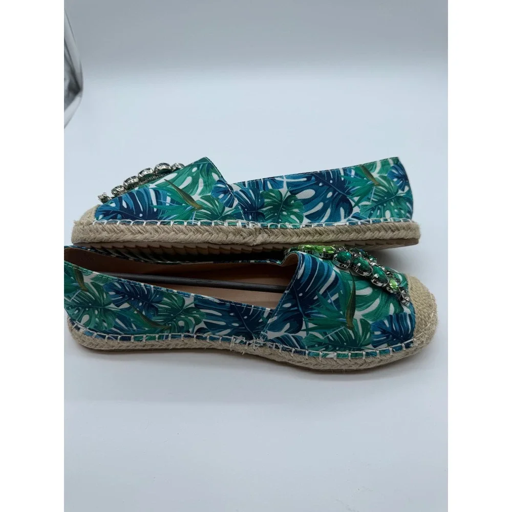 Lauren Lorraine Tropical Palm Print Gemstone Espadrille Flats Green Blue 8.5